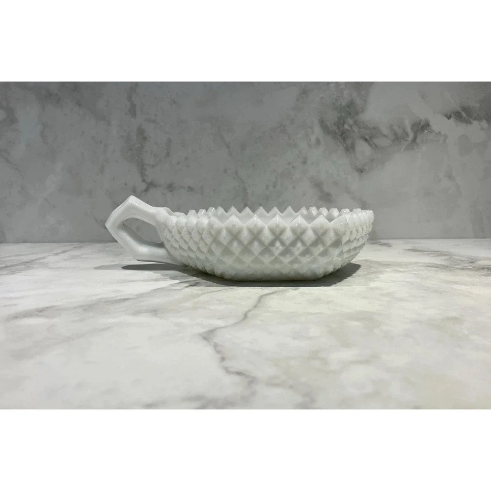 Westmoreland English Hobnail Milk Glass 1-Handle Candy Trinket Bowl Dish Hex Vtg